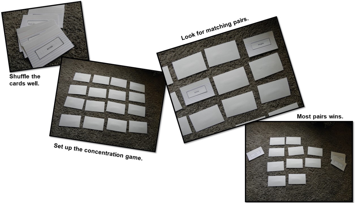 Series of images showing the cards in a pile, then distributed in a grid pattern, then the game being played.